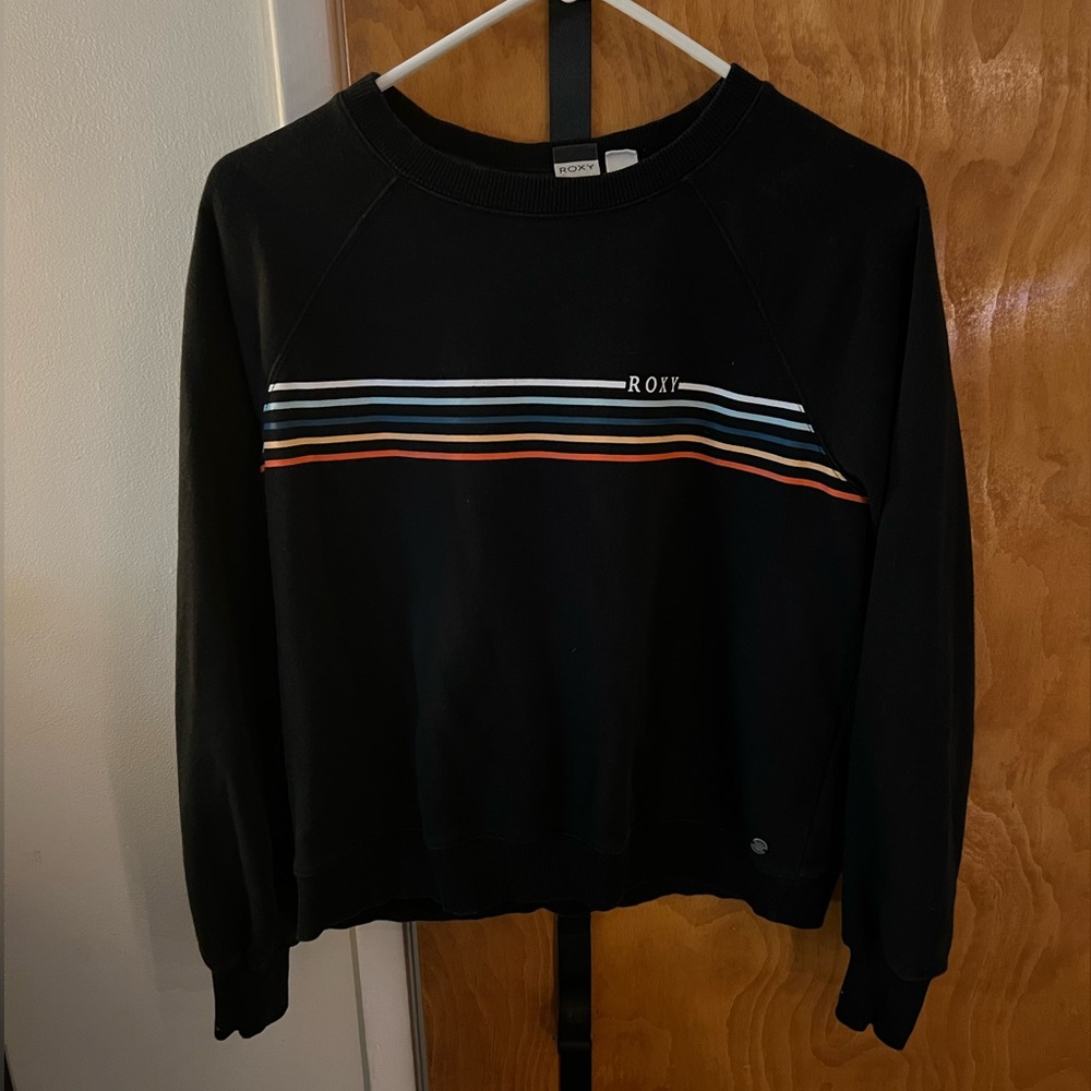 Roxy Black Crew Sweater with Blue White and Orange Stripes